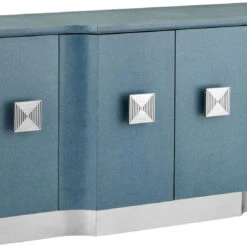 Currey & Company Maya 34" Modern Blue Credenza Lacquered Blue Linen / Washed Mahogany / Polished Stainless Steel 3000-0281