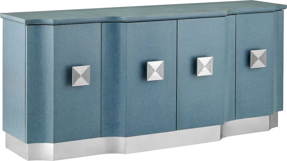 Currey & Company Maya 34" Modern Blue Credenza Lacquered Blue Linen / Washed Mahogany / Polished Stainless Steel 3000-0281 1 Currey & Company Maya 34" Modern Blue Credenza Lacquered Blue Linen / Washed Mahogany / Polished Stainless Steel 3000-0281